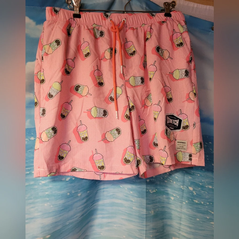 Mossman NWOT Mens Boba Drink Print Pink Swim Trunk Size Large
